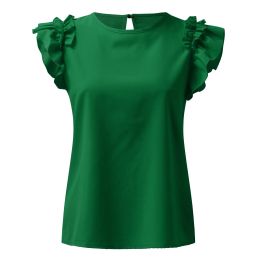 Female Sexy Summer Tops Shirt Ruffle Sleeves Solid Green Red Elegant Blouse Women Lady Streetwear Y2k Top Crewneck Shirts
