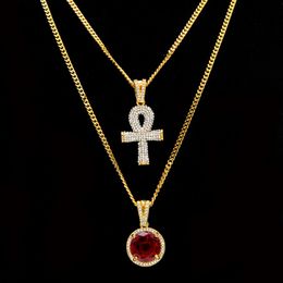 Egyptian Ankh Key of Life Bling Rhinestone Cross Pendant With Round Red Ruby Pendants Necklaces Set Men Hip Hop Jewellery 253J