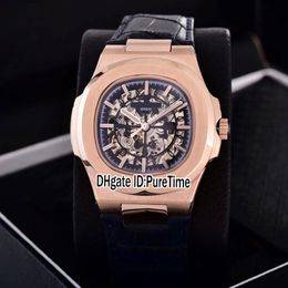 New Classic 5711 Rose Gold Blue Skeleton Big Logo Asia 2813 Automatic Mens Watch Blue Leather Strap Watches 12 Colos Puretime PB307e5 302k
