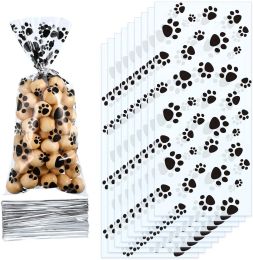 50pcs Pet Paw Print Cellophane Bags Heat Sealable Treat Candy Bags Dog Cat Gift Bags with Twist Ties Birthday Party Supplies Kid