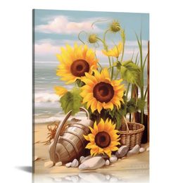 Framed Vintage Sunflower Wall Decor, Rustic Yellow Sunflower in Straw Woven Tote Bag, Beach Canvas Wall Art, Painting Artwork Prints, Modern Home Decor Ready to Hang