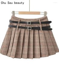 Skirts Chu Sau Beauty 2024 Women Fashion Sweet Pleated Mini Skirt Preppy Style Plaid Print Short Chic Sashes Side Zipper Skorts