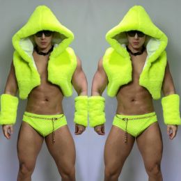 Gogo Costume Fluorescent Green Fur Hooded Vest Briefs Male Sexy Pole Dance Clothing Nightclub Bar Dj Ds Stage Rave Outfit XS5443