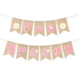 Banners Streamers Confetti 2Pcs Pink Two Groovy Burlap Banner Set Pink Hippie Daisy Hanging Pennant Flag Decor for Birthday Party Hippie Theme Anniversary d240528