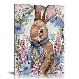 Happy Easter Bunny Canvas Wall Art Painting Vintage Wall Decor Cute Bunny with Lavender Poster Easter Eggs Prints