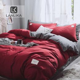 Bedding Sets Lanlika Double Solid Color Set Red Bedspread Gray Flat Sheet Pillowcase Bedclothes Adult Bed Linens Cotton Duvet Cover