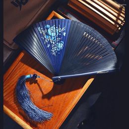 Decorative Figurines Chinese Style Antique Folding Fan Carved Small Black Tassel Dance Hanfu Cheongsam Bamboo