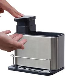 Stainless Steel Sink Organiser 3-in-1 Kitchen Soap Dispenser Sponge Holder Dish Soap Dispenser Tray Rustproof Drainer Rack 240527