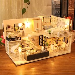 Cutebee DIY Doll House Miniature with Furniture LED Music Dust Cover Model Building Blocks Toys for Children Casa De Boneca M21 240528