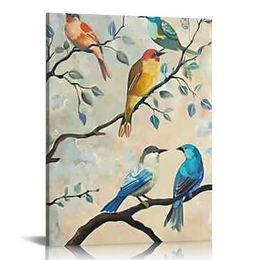Spring Flowers Canvas Wall Art Birds on Tree Branches Picture Prints Grey for Bedroom Ready to Hang