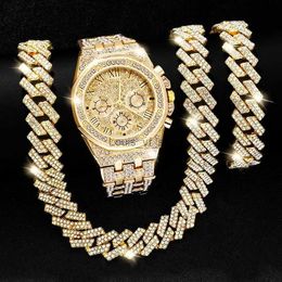 Armbanduhren 14mm Hip Hop Miami Cuban Chain Set Halskette ++ kreatives Armbandeis Shining Mode Schmuck H240528