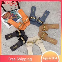 Casual Shoes Wholesale Items Women Sandals Fashion Chain Square Toe Slippers Summer Female Beach Flat Flip Flops Rubber Soles B8967