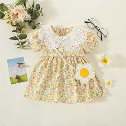 Girl's Dresses 2 Pieces/Set Of New Summer ldrenS Floral Dress Lapel Short Sleeve Knee-Length ffon Skirt For Daily Wear H240527 MQXV
