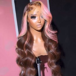 Brazilian Highlight Pink Brown Colored Lace Front Wig Human Hair Pre Plucked for Women Transparent Lace 360 Synthetic Frontal Wig Ipbff