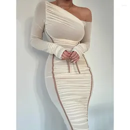 Casual Dresses Diagonal Collar Long Sleeve Midi Dress For Women Two Layer Mesh Backless Ruched Bodycon Club Party Sexy