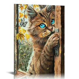 Cat Wall Art Rustic Cat Wall Decor Cute Cats Pictures Canvas Painting Prints Framed Modern Home Decor Artwork Gift for Bathroom Bedroom