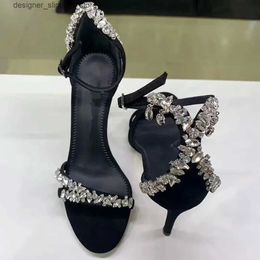 Sandals Crystal Design High Heels Women Open-toe Black Strappy Heels Suede 2024 Summer New Party Dress Rhinestone Sandals Femmes Pumps Q240528