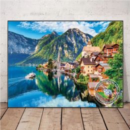 Hallstatt Lake And Village Austria Landscape Diamond Painting AB Drills Full Cross Stitch Europe Town Scenery Mosaic Home Decor