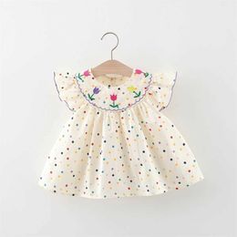 Girl's Dresses Summer New Baby Girls Dress Small Flying Sleeve Tulip Flower Embroidery Colourful Polka Dot Sweet Princess H240527
