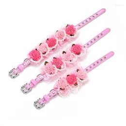 Dog Collars Three-dimensional Flower Hand-stitched Pet Collar Cute Pearl Accessories Cat Fashionable Pink Lace Stitching Puppy