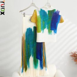 Work Dresses Miyake High End Pleated Top Women's Summer Product Thin Graffiti Printed T-shirt Short Sleeved Clothing One Piece