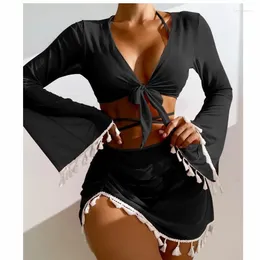 Women's Swimwear Swimming Suit Women Beach Wear Solid Tassel Cover Up Mesh Short Skirt Bikini Cute Pool Outfit Spring Summer