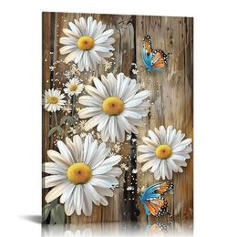 White Daisy Canvas Wall Art Yellow Flower Picture Butterfly Floral Wood Grain Painting Rustic Artwork for Bedroom Decor Frame(Daisy - 3)