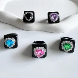 Cluster Rings Pink Colour Crystal Hearts For Women Girls Black Square Rhinestones Finger Ring Geometric Party Jewellery Anillos Mujer Gifts