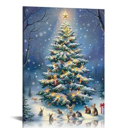 Julgran duk tryck snöig skog tall träd väggkonst julmålningar för vägg kanin ekorre festlig heminredning