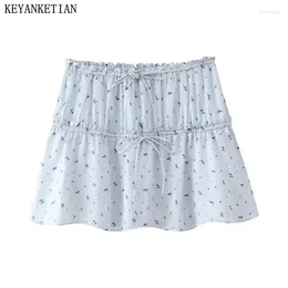 Skirts KEYANKETIAN 2024 Launch Pastoral Style Flower Print Skirt Summer Bow Lace Up Patchwork Elastic Waist Women A-line Mini