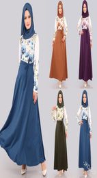 Wepbel Women Muslim Dress Floral Printed Plus Size Abaya Bow Long Sleeve Robe Arab Dubai High Waist Patchwork Maxi Dress 1309408099