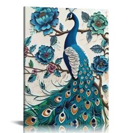 White And Blue Floral Peacock Canvas Wall Art Aesthetic Peacocks Lovers Picture Wall Decor HD Peacock Prints Modern Artwork for Home Living Room Bedroom Bathroom