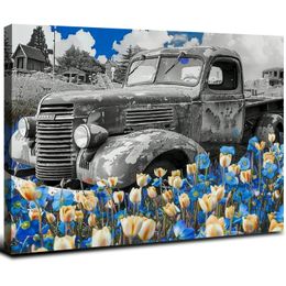 Rusty Truck Canvas Wall Art Vintage Car Blue Tulip Flower Pictures Painting Country Artwork Prints Home Farmhouse Kitchen Living Room Bedroom Decor Ready to Hang