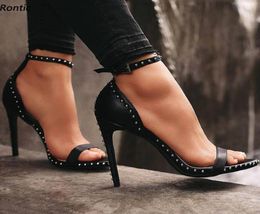 Rontic Handmade Women Ankle Strap Sandals Ankle Strap Sexy Rivets Stiletto Heels Open Toe Black Night Club Shoes US Size 5208530321