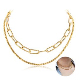 Chic Punk Double Layered Choker Necklace Paperclip Square Wheat Chain Gold Colour Stainless Steel Women Minimalis Jewellery DN203 2755