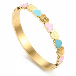 Gold Colour Blue and Pink Enamel Forever Love Heart Charm Bangle&bracelet for Women Girlfriend Promise Wedding Jewellry Gifts Bangle Wepjo