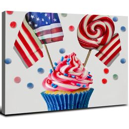 4th of July Canvas Wall Art Framed Wall Decoration Cupcake with USA Flag Wall Lollipop Stars Welcome Aesthetic Wall Artwork Ready to Hang Wall Pictures for Living Room