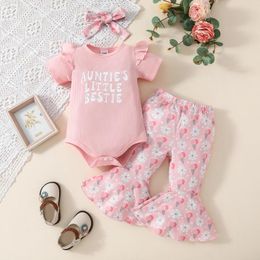 Clothing Sets Toddler Baby Girls Summer 3pcs Lovely Sleeve Romper Flower Print Flared Pants Hairband Children