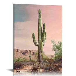 Modern Pictures for Living Room Beach Palm Trees Paintings Canvas Summer Pink Wall Art Saguaro Cacti Artwork Home Decor Giclee Wooden Framed Stretched Ready to Hang