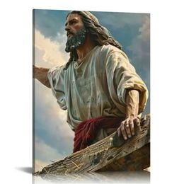 Jesus Christ Canvas Wall Art Jesus Capturing Fish in Lakes for Living Room Christian Decor Religious Posters Easter Ecorations Ready to Hang Framed Artwork