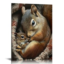 Funny Animal Wall Art Canvas Prints Peculiar Squirrel Family Cartoons Painting Poster for Farmhouse Kitchen Bedroom Bathroom Decor