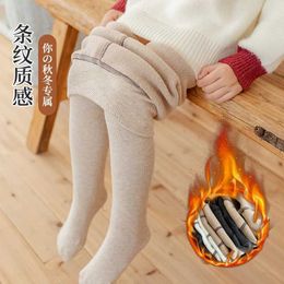 Kids Socks Kids Girls Polar Fleece Lining stripes pantyhose plus velvet thick warmth cotton winter leggings baby child Keep warm stockings Y240528