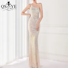 Party Dresses Shiny Sequin Champagne Prom Mermaid One Strap Shoulder Evening Gown Glitter Pattern Lace Elegant Women