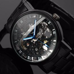 2021 New Black Men's Skeleton WristWatch Stainless steel Antique Steampunk Casual Automatic Skeleton Mechanical Watches Male Watch 229b