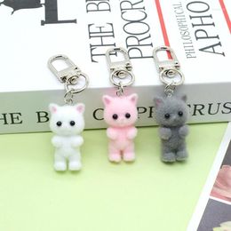 Keychains Cute 3D Flocking Kitten Keychain Couple Mobile Phone Pendant Car Keyring Earphone Backpack Charms Bag Decor