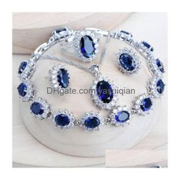 Wedding Jewellery Sets Sier 925 Women Bridal Blue Zirconia Costume Fine Jewellery Necklace Earrings Rings Bracelets Pendant Set Drop De Dhpay