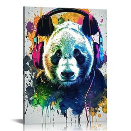 Colorful Animal Wall Art Funny Cute Bear with Headphone Canvas Prints Pictures Room Decor Cartoon Panda Paintings Artwork for Bedroom Bathrooom Home Decoration