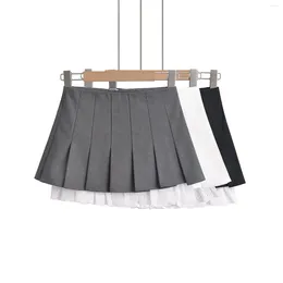 Skirts Summer Clothes Women 2024 Y2k Mini For Woman Korean Fashion White Lace Trim Pleated High Waisted Skirt With Shorts