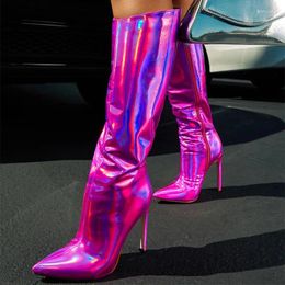 Boots Metallic Leather Women Knee High Stilettos Heels Pointed Toe Fashion Female Party Shoes Nightclub Reflective Mujer