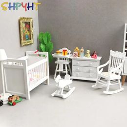 1 12 doll house furniture white crib dining chair rocking horse rocking chair cabinet childrens room decoration set of 5 pieces/set 240516